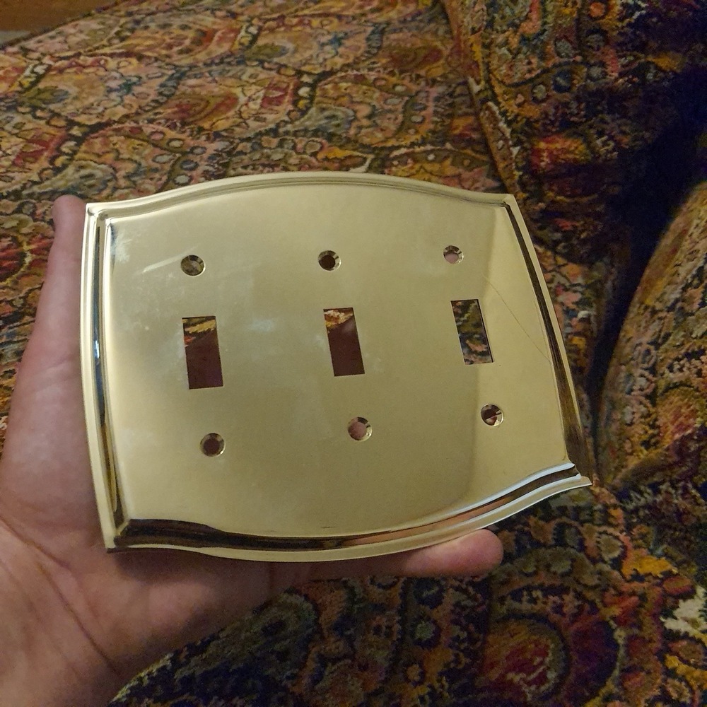 Vintage Brass Triple Toggle Switch Plate Cover Beveled Ornate Design- MidCentury